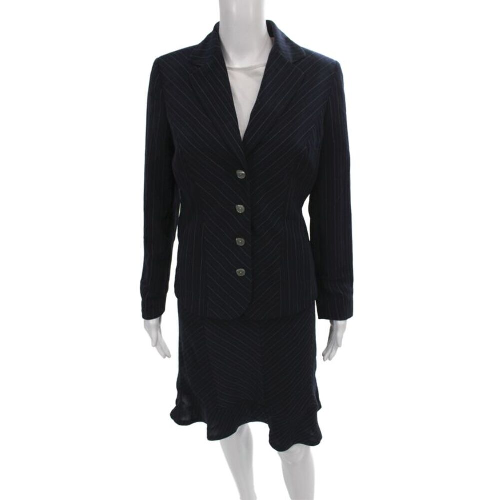 Nicole Miller Womens Striped Blazer A Line Skirt Suit Navy Blue Pink Size 6